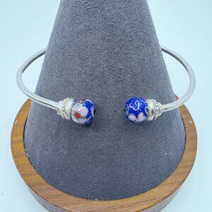 VTG Sterling Silver 925 Blue Floral Bead Open Cuff Bracelet Size 7" Fit